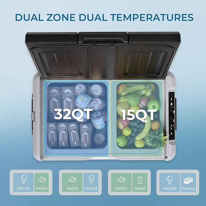 EUHOMY 12 Volt Refrigerator, 47QT(45L) Dual Zone Electric Cooler, Portable Freezer 12V/24V DC 110-240V AC, 12V Fridge -4℉~68℉, 12V Cooler with Wheels & Basket for Travel, Truck, Camping, Boat