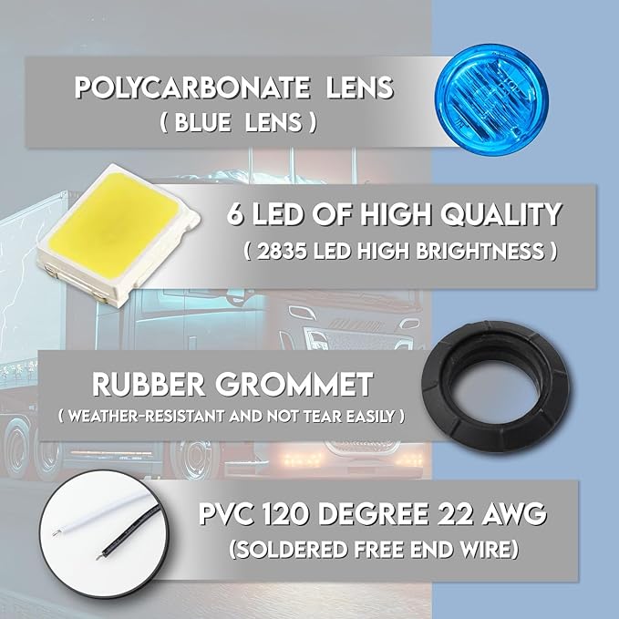 10 Pcs of 1-1/4 Inch Blue Lens & Lights with 6 LEDs Mount Clearance Side Marker Lamp Bullet Marker Trailer Lights Universal 12V DC Vehicles RV Truck Pickup Van Boat Mack