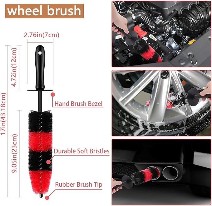Nolimas 12Pcs Car Wheel & Tire Brush Kit,Including 17inch Long Wheel Brush,Short Handle Tire Brush,5pcs Detailing Brushes Kit & 3pcs Wire Brushes for Cleaning Car Wheels & Interior Exterior
