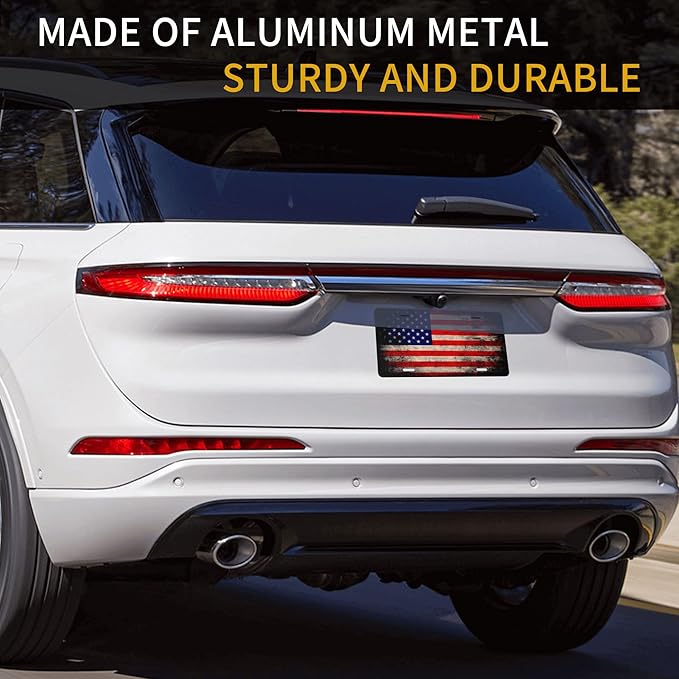 Front License Plate Vintage American Flag Vanity Plates Aluminum Metal Decorative Car Tag Novelty License Plate Cover for Men Women 6 * 12 in (4 Holes)