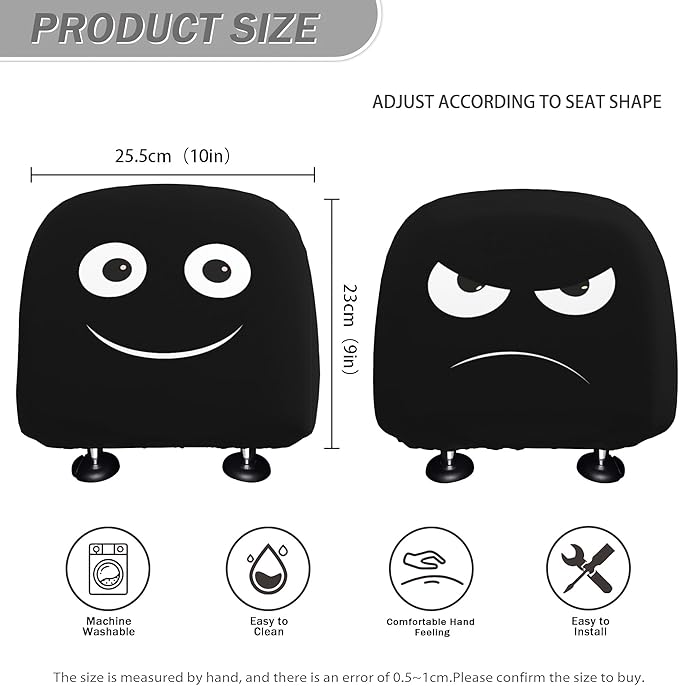 Funny Car Headrest Covers 2 Pack – Double-Sided Angry & Smile Face Design, Universal Stretch Seat Head Rest Protector for Cars, SUVs, Trucks