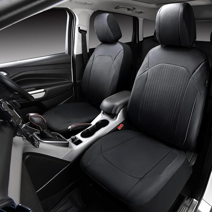 Flying Banner Synthetic Leather car seat Covers Full Set Front and Rear Bench Fashion Easy Installation Cup Holder Free (Solid Black, Low Bucket - Full Set)