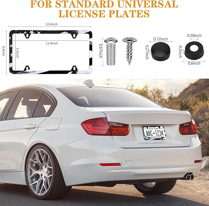 Black American Flag License Plate Frames - 2 Pack Patriotic Matte Gloss Stars Stripe US Flag Stainless Steel Car Tag Frame Holder Covers with 4 Fluttering Flag Valve Stem Caps, Screws Fasteners