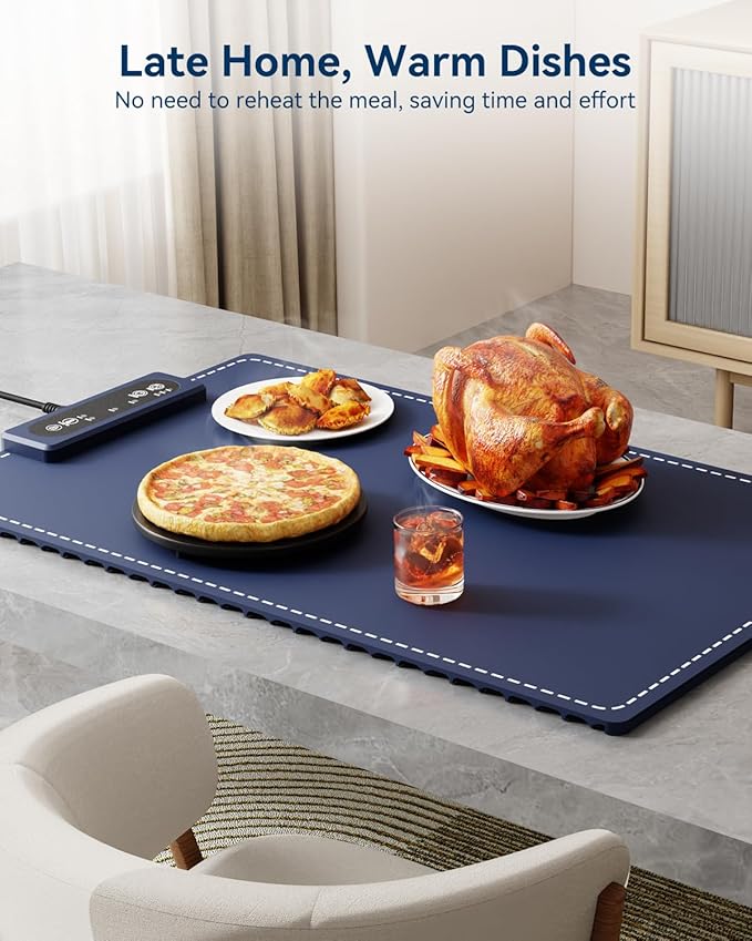 Negative ion Food Warming Mat with Adjustable Temperature,Foldable Electric Warming Tray for Parties Features 3 Modes & Fast Heating,Roll Up Food Warmer for Parties,Shabbat,Christmas (Navy Blue)