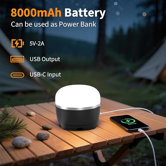 Rechargeable Camping Lantern 8000mAh, Portable RGB Hanging Lights Magnetic Base, Waterproof LED Tent Lights for Camping, Hurricane, Hiking, Home Emergencies, Outdoor Party - Black