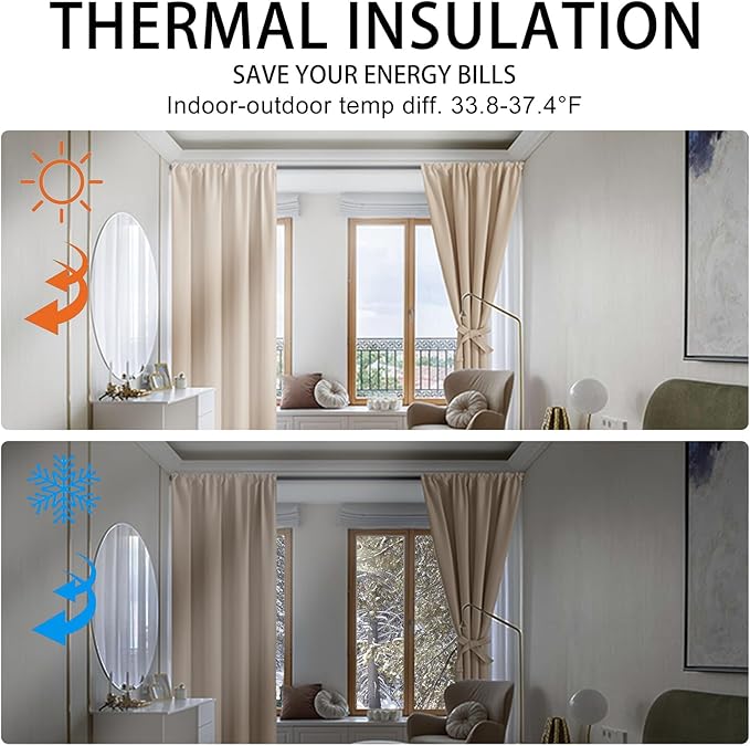 JIUZHEN Blackout Curtains for Bedroom - Thermal Insulated Room Darkening Noise Reducing, 52 x 45 Inch Length Curtains for Living Room, Set of 2 Panels with Tiebacks, Beige