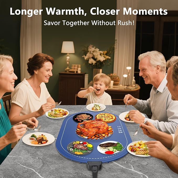 Warming Mat for Food,Temperature Adjustable Food Warmers for Parties Buffet with Timer,Silicone Food warming trays with Heat Proof Base,Roll Up Food Heating Mat for Home & Travel(Blue)