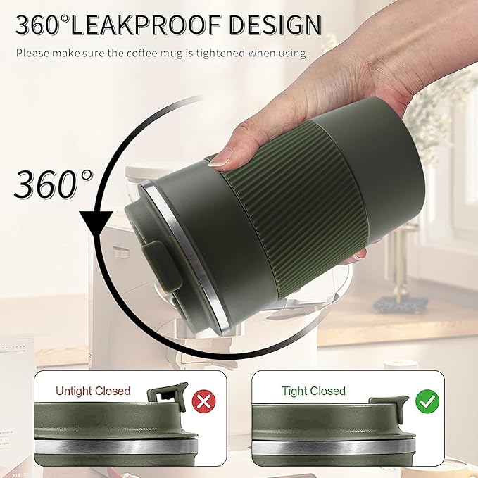 YINBAOGE Insulated Travel Coffee Mug, Spill & Leak Proof, Portable To Go Camping Stainless Steel Coffee Tumbler, Reusable Thermal Coffee Cup with Lid for Hot & Cold Drinks (Green, 17 OZ)