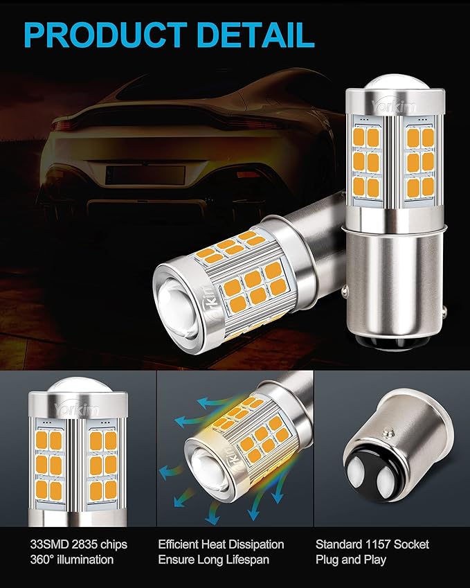 Yorkim 1157 LED Bulb Amber, 1157 led turn signal bulb, 2357 led bulb 2057 7528 BAY15D Replacement for Turn Signal Blinker Lights Side Marker Lights, Amber Yellow, pack of 2