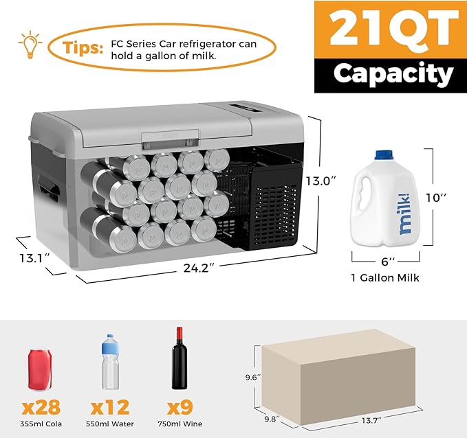 Setpower FC20 Portable 12v Refrigerator, -4℉-68℉ Fast Cooling Car Refrigerator, 20L/21Qt Car Fridge Portable Freezer with 12/24V DC and 110/240V AC, Electric Cooler (Black, 20L With AC Adapter)