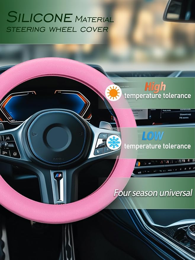 LRITER Car Steering Wheel Cover, Non-Slip Silicone Material, Multiple Color Choices, Universal Auto Parts Steering Wheel Cover, Suitable for Most Cars (Pink)