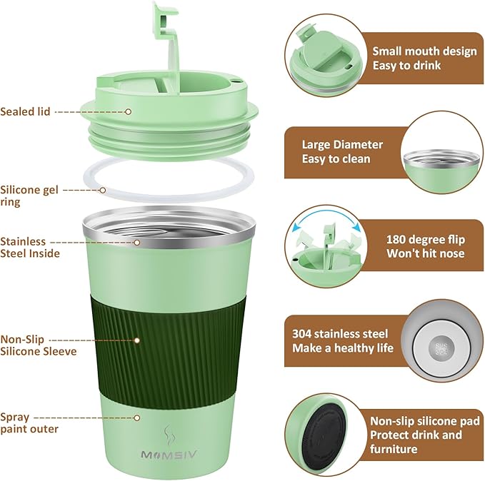 MOMSIV 12oz Travel Mug, Insulated Coffee Cup with Leakproof Lid, Vacuum Stainless Steel Double Walled Reusable Tumbler for Hot and Cold Water Coffee and Tea In Travel and Car (Green-380ml)