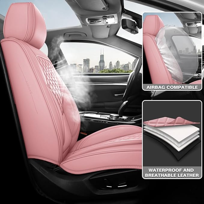 Premium Leather Car Seat Covers, Universal Fit for Cars SUVs Trucks and Sedans, Waterproof Car Seat Cushion with Airbag Compatible & Scratch-Resistant, Pink Seat Covers for 5 Seats