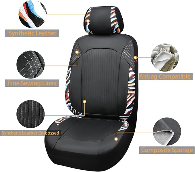 Flying Banner Synthetic Leather car seat Covers Full Set Front and Rear Bench Fashion Easy Installation Cup Holder Free (Black & Colorful Zebra Print, Low Bucket - Full Set)