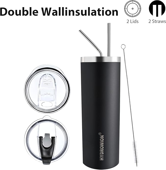 HYDROWION Triple-Insulated Tumblers - Stainless Steel with Lid and Straw, 20 oz Water Bottle, Stainless Steel Cups, Coffee Travel Mug for Home & Office Black