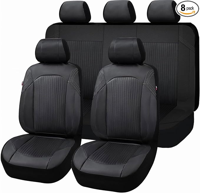 Flying Banner Synthetic Leather car seat Covers Full Set Front and Rear Bench Fashion Easy Installation Cup Holder Free (Solid Black, Low Bucket - Full Set)