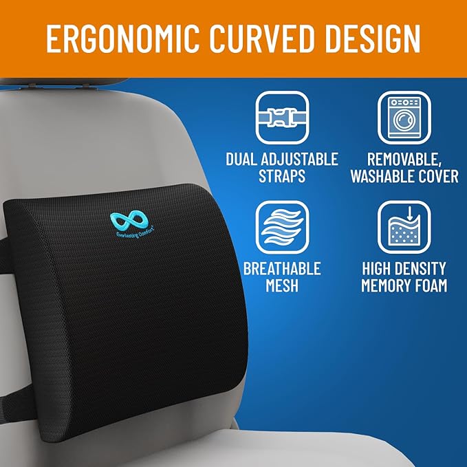 Everlasting Comfort Lumbar Support Cushion for Car Seat - Memory Foam Back Cover for Car - Lumbar Support Promotes Better Posture, Back Pain Relief - Ideal for Driving