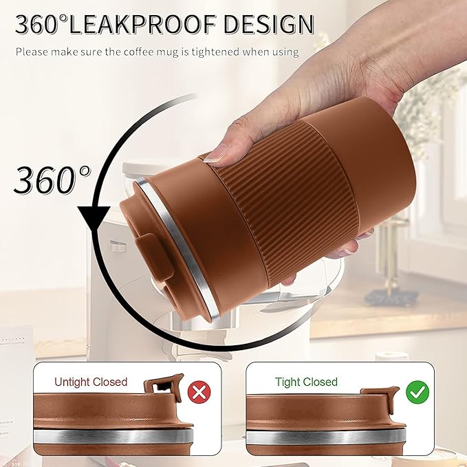 YINBAOGE Insulated Travel Coffee Mug, Spill & Leak Proof, Portable To Go Camping Stainless Steel Coffee Tumbler, Reusable Thermal Coffee Cup with Lid for Hot & Cold Drinks (Brown, 17 OZ)