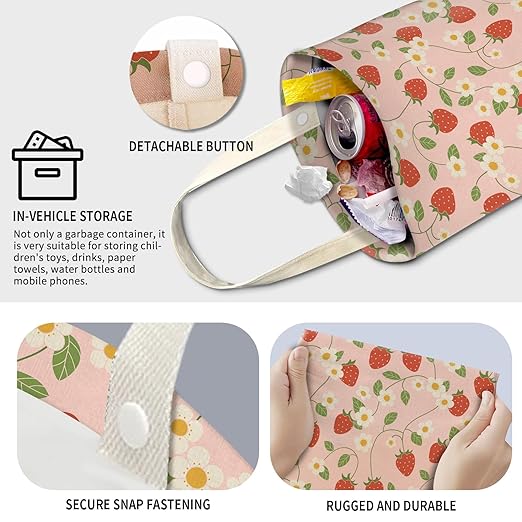 Cute Car Trash Can, Hanging Canvas Car Back Seat Organizer and Storage Bag, Funny Car Trash Bag For Travelling, Outdoor Cute Strawberry Leaf