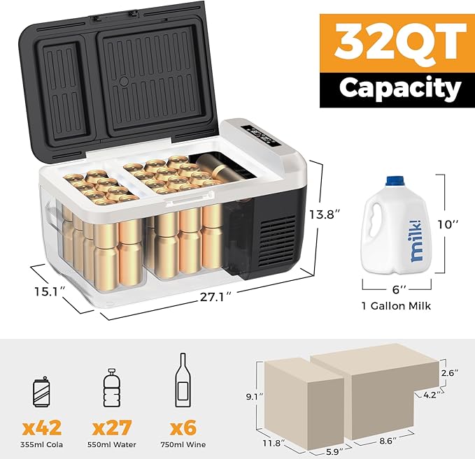 Setpower PT30 12V Refrigerator Dual Zone 32 Quart Car Refrigerator 12V Portable Fridge Electric Cooler for Vehicles SUV Van RV Truck Car Camping Road Travel