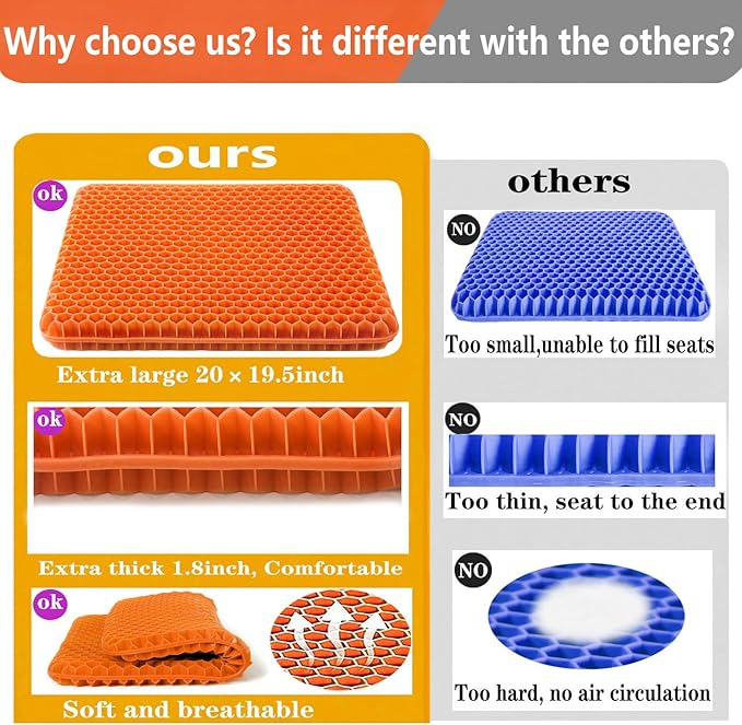 Plus Size Gel Seat Cushion for Long Sitting, Extra Large and Thick, Seat Cushion for Back, Sciatica, Hip, Tailbone Pain Relief , Used for the Office, Wheelchair, Car, Truck, Recliner, Stadium.(Orange)