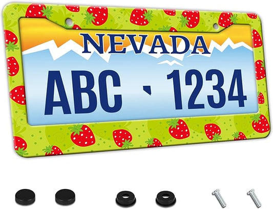 MIOAOSRT Cut Red Strawberries License Plate Frame Abstract Fruit License Plate Cover Car Tag Holder Metal License Plate Frame Fits Standard U.S.Vehicles 12x6 Inch