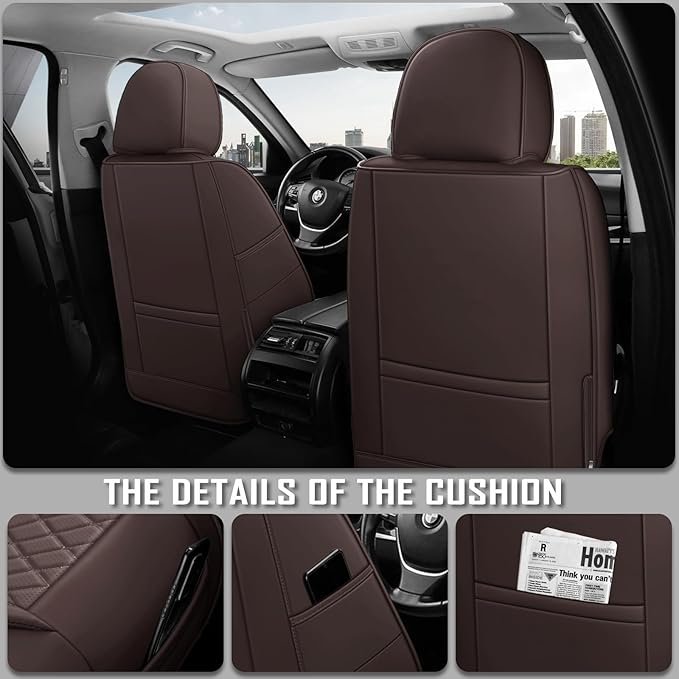 Premium Leather Car Seat Covers, Universal Fit for Cars SUVs Trucks and Sedans, Waterproof Car Seat Cushion with Airbag Compatible & Scratch-Resistant, Brown Seat Covers for 5 Seats