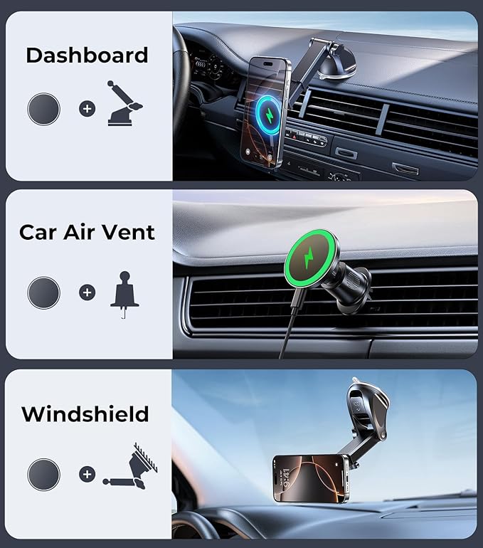 New 2025 Vacuum Magnetic Phone Suction Holder, 15W Wireless Charger for MagSafe Car Mount & Dashboard Windshield Vent Holder, All-Weather Suction for Uber, iPhone 16/15/14 Pro Max Plus