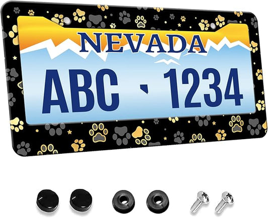 MIOAOSRT Gold Dog Paw Print License Plate Frame Dog Paw and Star License Plate Cover Car Tag Holder Metal License Plate Frame Fits Standard U.S.Vehicles 12x6 Inch