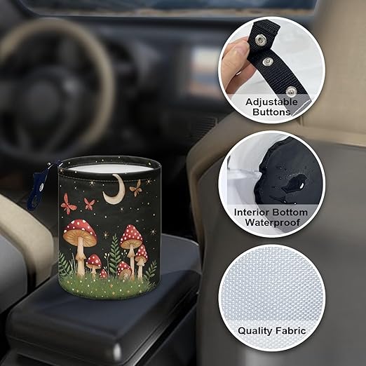 Cute Mushroom Moon Auto Garbage Bag Trash Can Leak Proof Waste Basket Container Bag Bin Hanging Cup Holder Organizer with Strap Mini Car Interior Accessories for Auto, Camping, Travelling