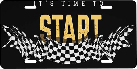 Front License Plate Checkered Flag Vanity Plates Aluminum Metal Decorative Car Tag Racing Novelty License Plate Cover for Men Women 6 * 12 in (4 Holes)