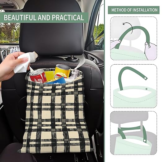 Cute Car Trash Can, Hanging Canvas Car Back Seat Organizer and Storage Bag, Funny Car Trash Bag for Travelling, Outdoor Cute Beige Black Plaid