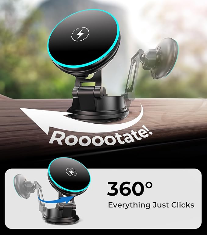 【Vacuum Suction Folding Car Mount】 Certified Qi2 Charger for MagSafe, 360° Adjustable Aluminum Alloy Arm, Phone Holder for Tesla/Car Rental/Gym/Mirror/Shower/Smooth Surface iPhone 16/15 Pro Max