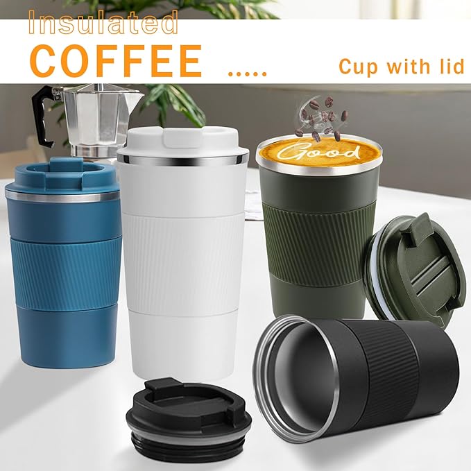 YINBAOGE Insulated Travel Coffee Mug, Spill & Leak Proof, Portable To Go Camping Stainless Steel Coffee Tumbler, Reusable Thermal Coffee Cup with Lid for Hot & Cold Drinks (Green, 17 OZ)