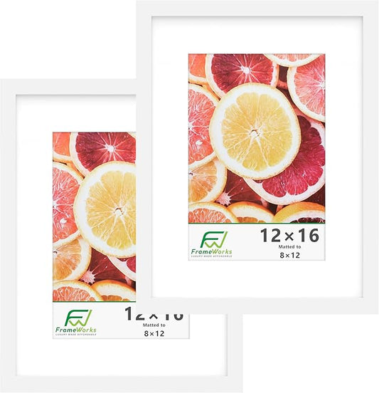 FrameWorks 2-Pack, 12x16 Matted to 8x12 Picture Frame, White – Classic Wooden Photo Frame with Tempered Glass, Modern Matte Finish for Prints, Posters, Certificates & Wall Decor – Gallery-Ready