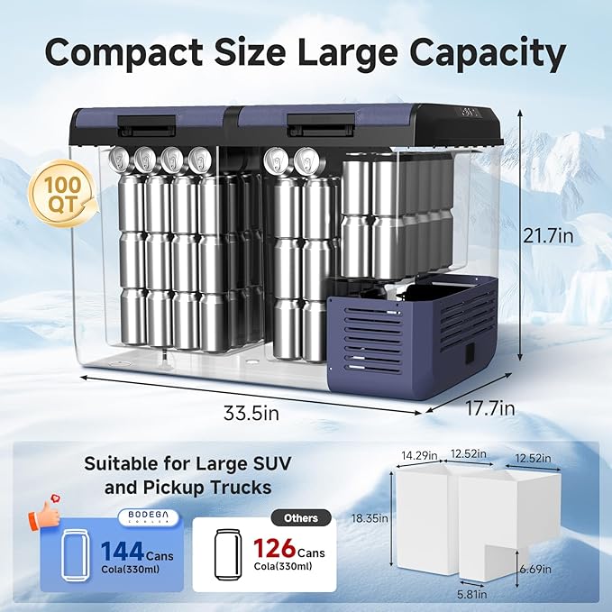 BODEGACOOLER 12 Volt Refrigerator, 100QT(95L) IPX4 Waterproof Electric Cooler, Car Fridge Dual Zone APP Control with 12/24V DC 110-240V AC, -4℉~68℉, Portable Freezer for Camping,Travel,RV,Road Trips