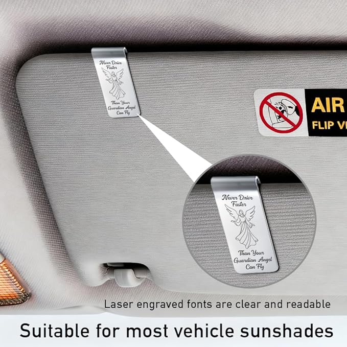 Never Drive Faster Than Your Guardian Angel Can Fly Engraved Stainless Steel Car Visor Clip, Funny Guardian Angel Safe Driving Gifts for Family Friend, Drive Safe Reminder Gifts