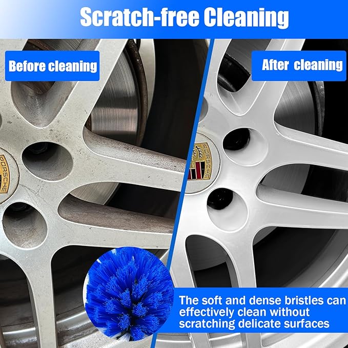 Car Wheel Brush Kit, Soft Drill Wheel Cleaner Brush, Tire Brush, Detailing Brush, and Detailing Pads, No Scratches Car Wheel Cleaning Kit for Wheels, Tires, Rims, Engines, Exhaust(Blue+White, 6 Pack)