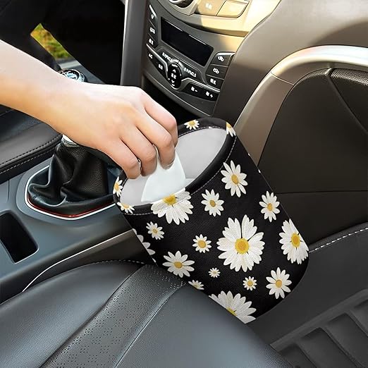 Cute Daisy Print Portable Car Garbage Bin Reusable Collapsible Hanging Portable Dustbin Bin Waste Basket Car Accessories Interior for Car SUV Trucks Universal