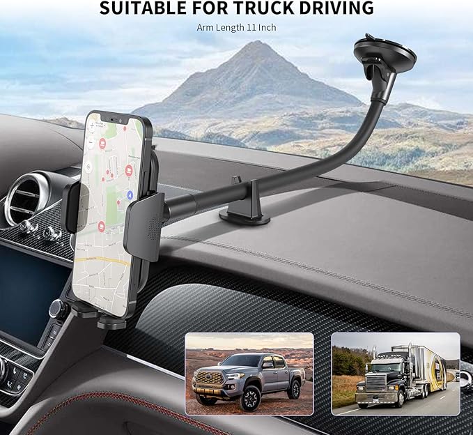 Esoulk 11-inch Gooseneck Car Phone Holder,Heavy Duty Phone Holder for Truck, Flexibile Long Arm Anti Shake stabilizer Windshield Car Phone Mount Suction Cup,Fit for iPhone, Samsung &Other Cellphone