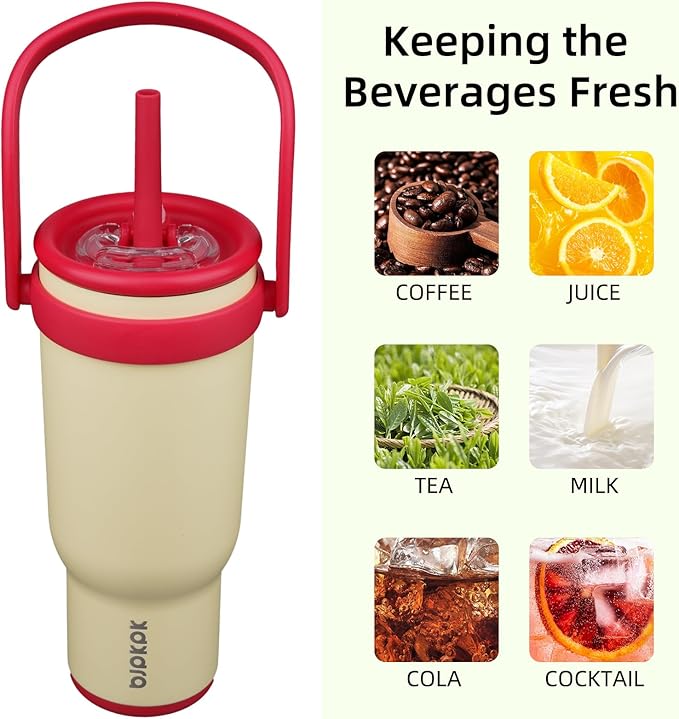 BJPKPK 40 OZ Insulated Travel Tumbler with Handle and Straw, Stainless Steel Water Bottle, Double Wall Vacuum Insulated Mug, for Work, Car, Travel, Cream