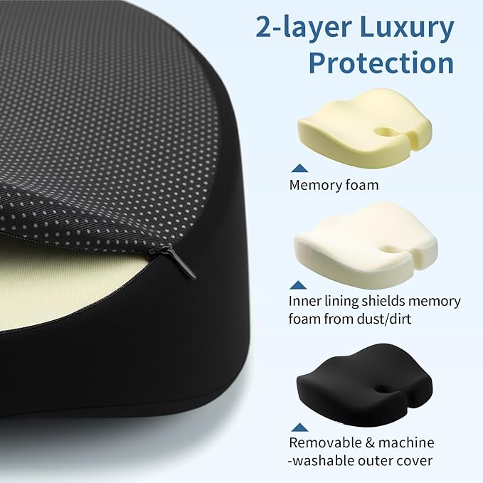 Dense Memory Foam Seat Cushion for Tailbone Pain Relief - Orthopedic Coccyx Support for Hemorrhoid & Sciatica - Fits Wooden/Office Chairs & Home