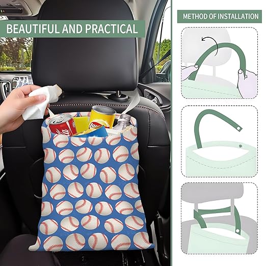 Cute Car Trash Can, Hanging Canvas Car Back Seat Organizer and Storage Bag, Funny Car Trash Bag For Travelling, Outdoor Cute Blue Baseball