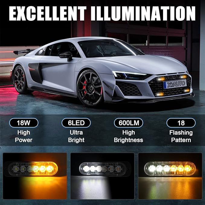10pcs LED Emergency Strobe Light, Amber White 6-LED Ultra Slim Surface Mount Flashing Warning Hazard Caution Light Bar for Car Truck Off Road Vehicles