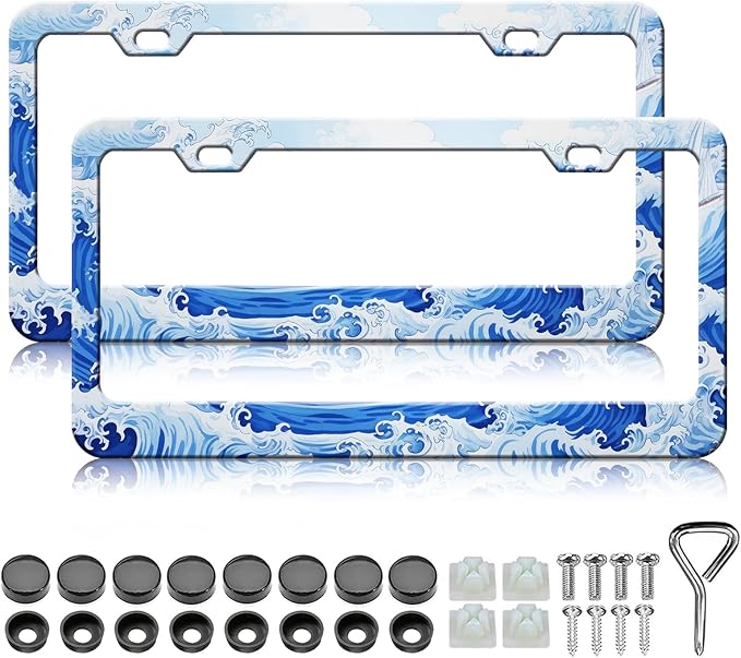 Ocean Wave License Plate Frames - 2 Pack Anime Blue Waves License Plate Holder, Stainless Steel Rust-Proof Waterproof Car Decorative Tag Frame with Screws Fasteners Caps