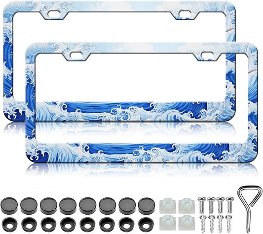 Ocean Wave License Plate Frames - 2 Pack Anime Blue Waves License Plate Holder, Stainless Steel Rust-Proof Waterproof Car Decorative Tag Frame with Screws Fasteners Caps
