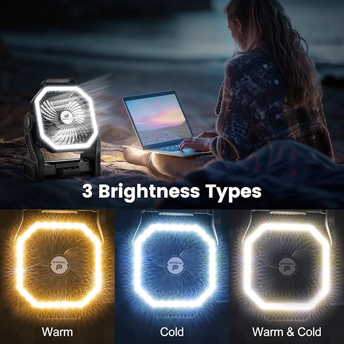 Odoland Rechargeable Camping Fan, 20000mAh Battery Fans with LED Lantern for Tent Car Beach Storm, Portable Light Desk Cooling Fan for Picnic Power Outage Hurricane, Black