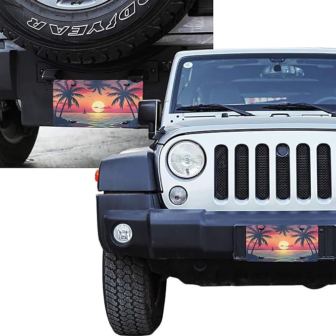 Front License Plate Sunset Palm Trees Vanity Plates Aluminum Metal Decorative Car Tag Flowers Rainbow Beach Novelty License Plate Cover for Men Women 6 * 12 in (4 Holes)