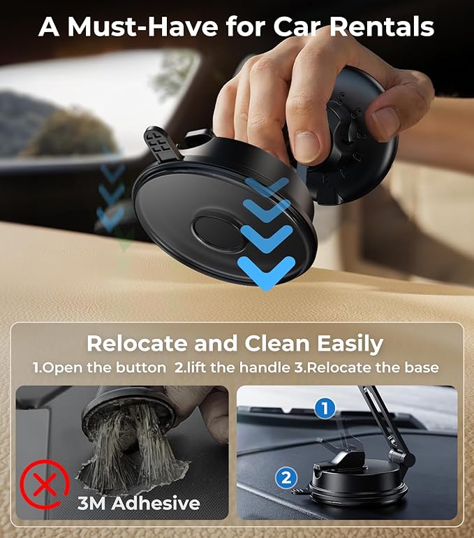 【Vacuum Suction Folding Car Mount】 Certified Qi2 Charger for MagSafe, 360° Adjustable Aluminum Alloy Arm, Phone Holder for Tesla/Car Rental/Gym/Mirror/Shower/Smooth Surface iPhone 16/15 Pro Max