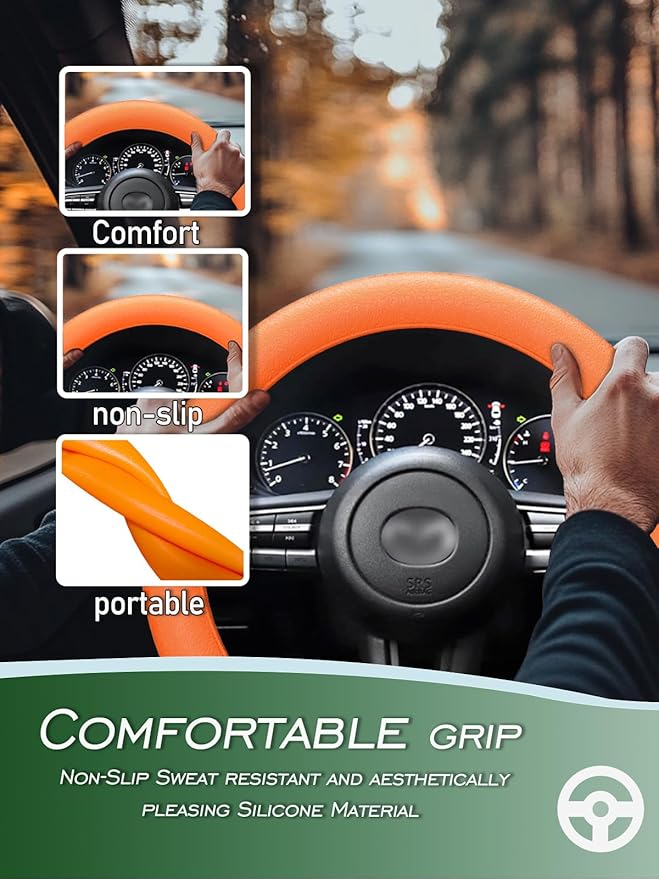 LRITER Car Steering Wheel Cover, Non-Slip Silicone Material, Multiple Color Choices, Universal Auto Parts Steering Wheel Cover, Suitable for Most Cars (Orange)